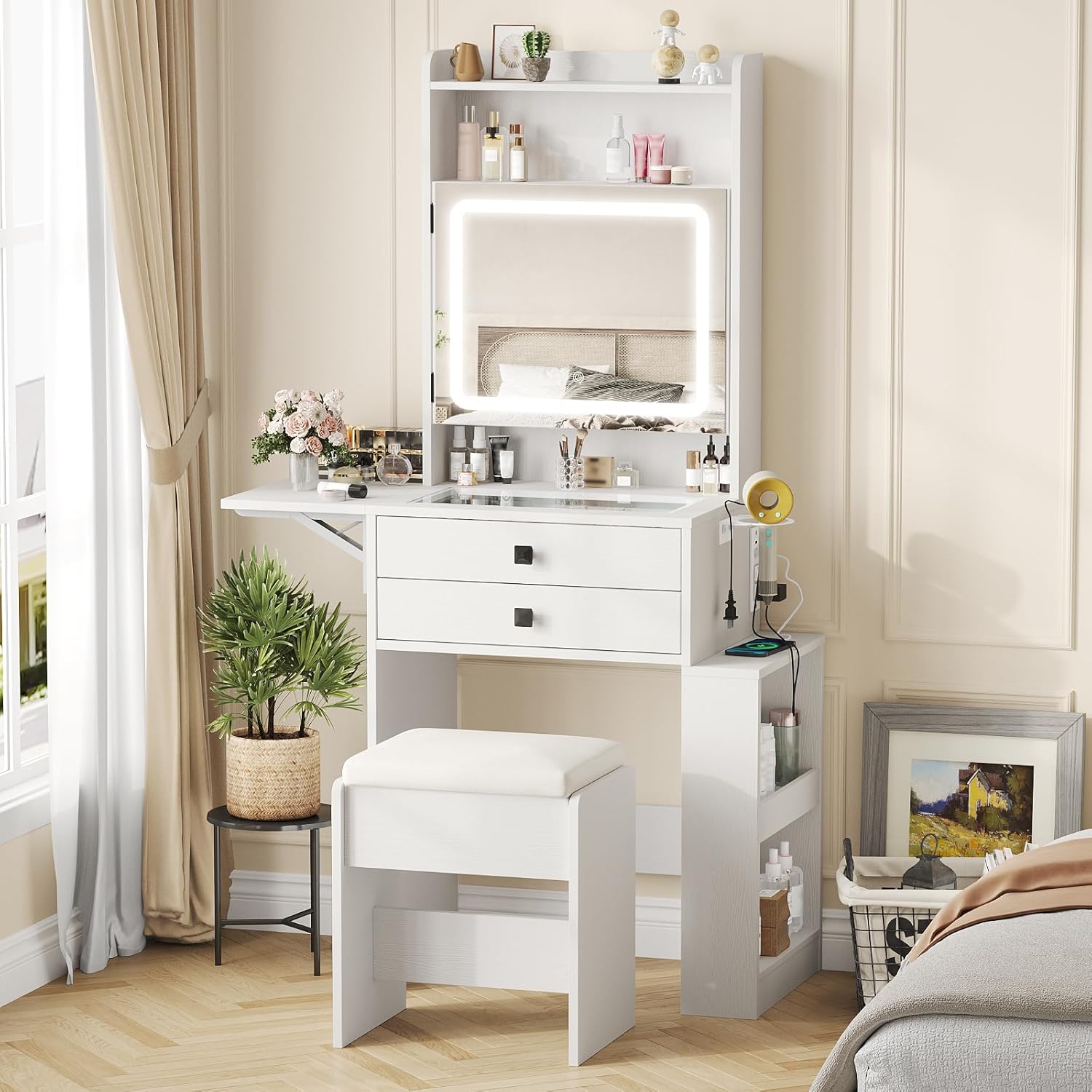 Desk Vanity Setup - Small Makeup Vanity Desk with 3