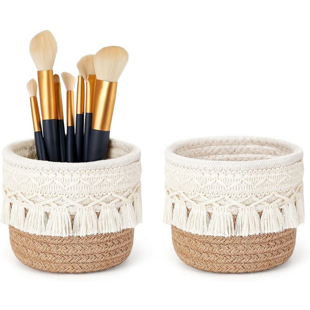 Desk Setup Photo - Tassels Desktop Storage Basket White Coffee
