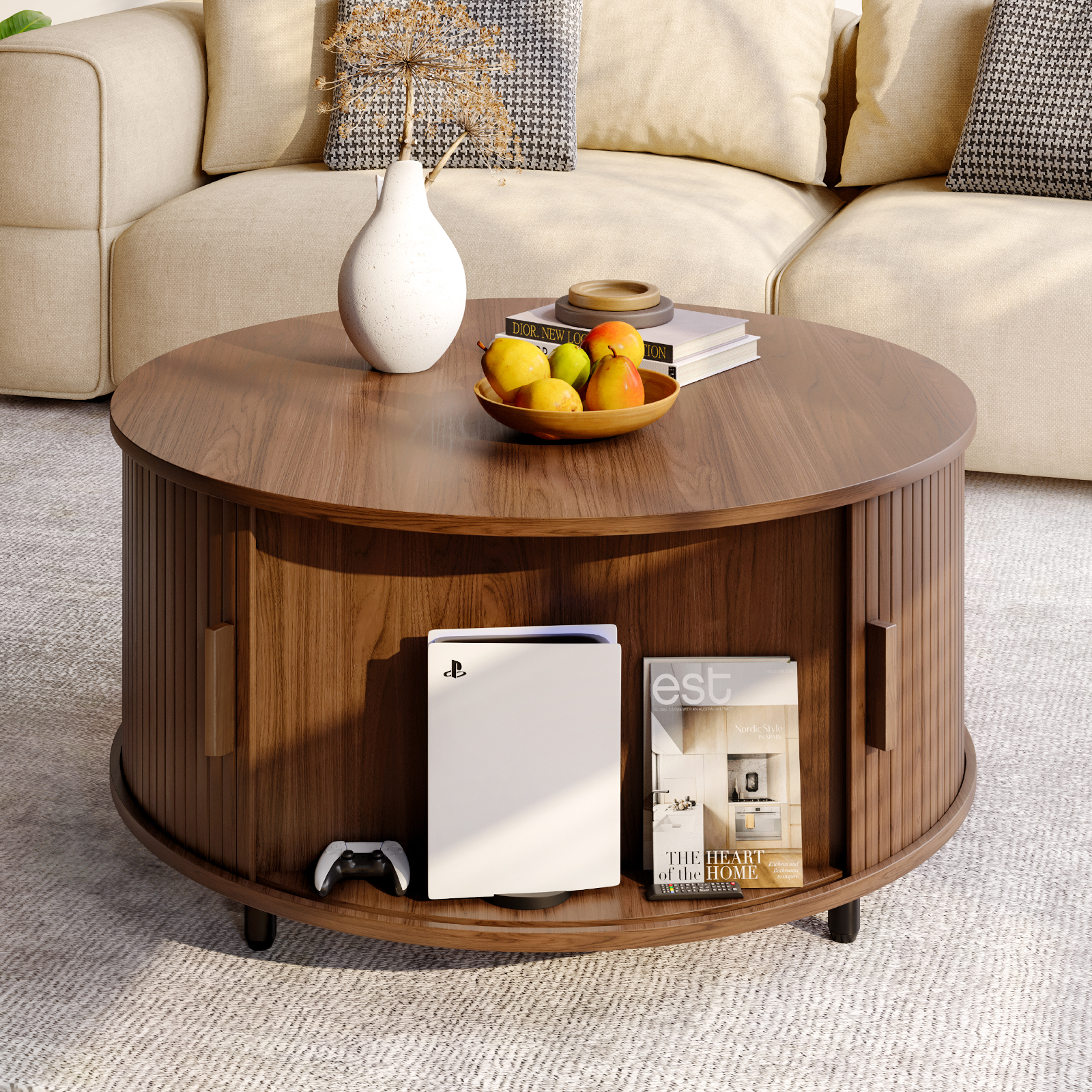 Desk Setup Minimalist - Round Coffee Table with Storage,31.5