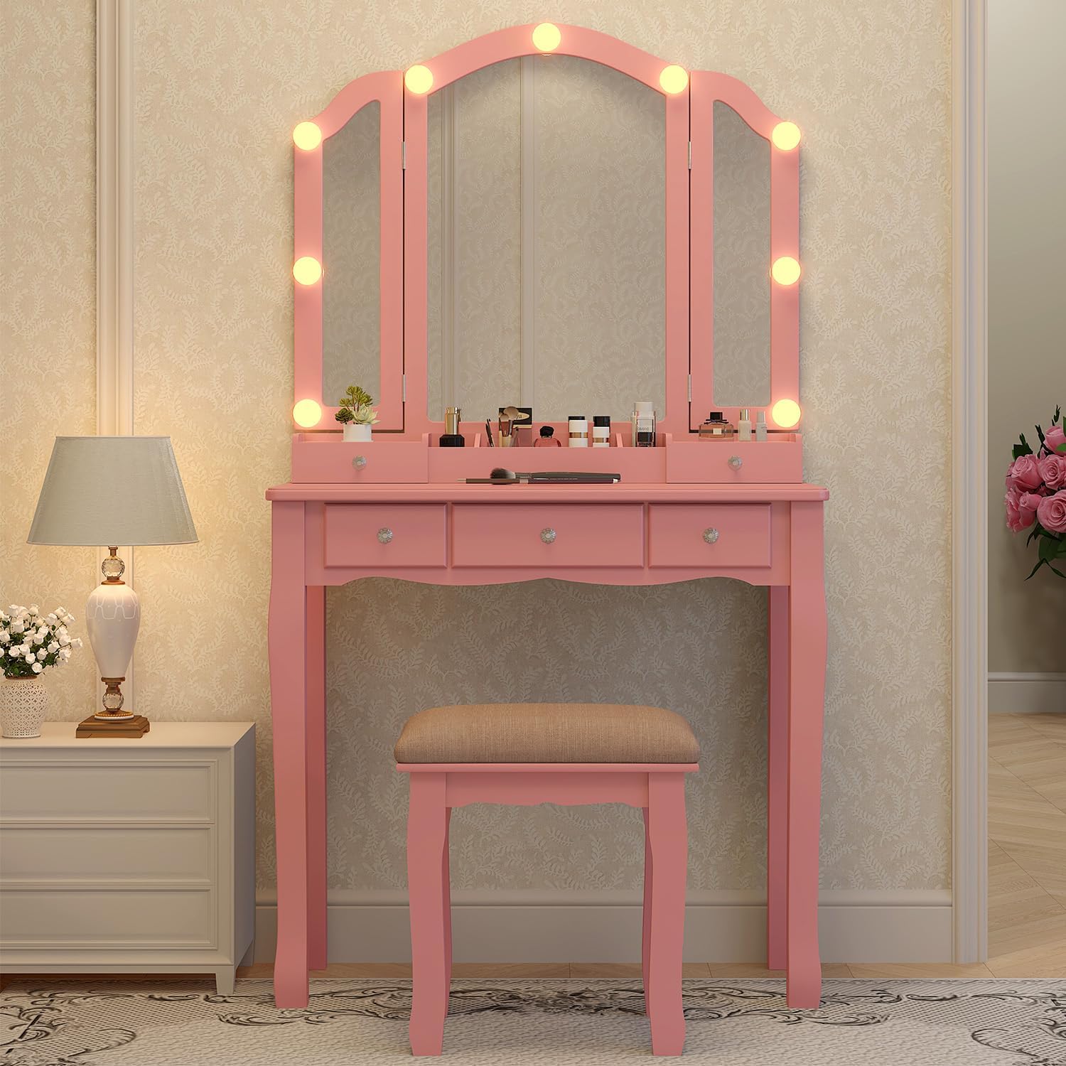 Pink Makeup Vanity Desk with M - Desk Vanity Setup avaliação e preço
