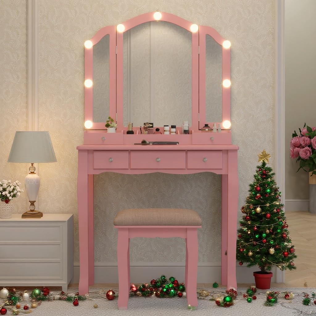 Pink Makeup Vanity Desk with M - Desk Vanity Setup avaliação e preço