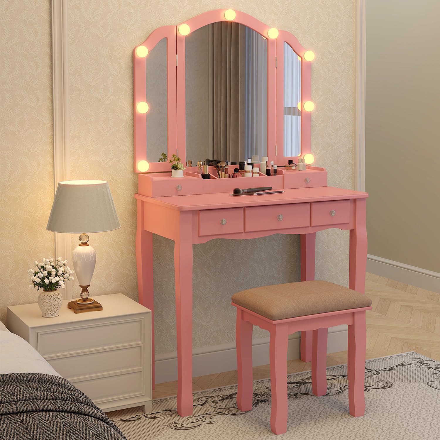 Pink Makeup Vanity Desk with M - Desk Vanity Setup avaliação e preço