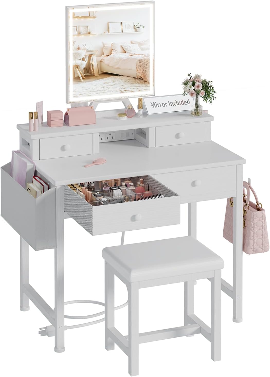 White Makeup Vanity Desk with  - Desk Vanity Setup avaliação e preço