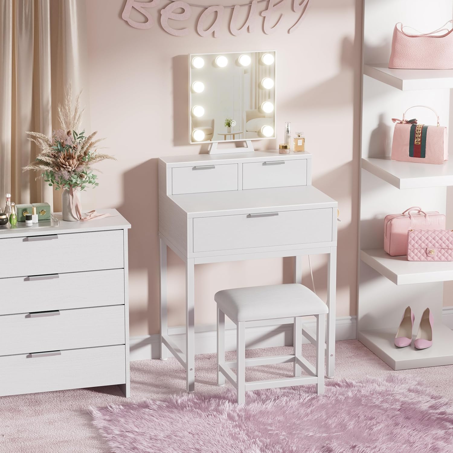 White Makeup Vanity Desk with  - Desk Vanity Setup avaliação e preço